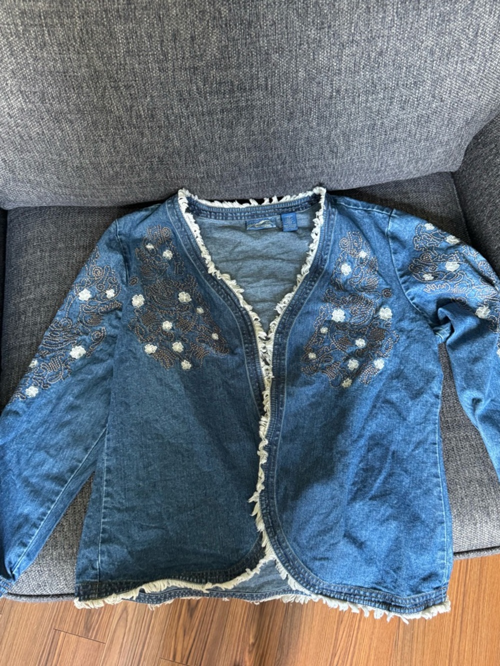 Embroidered Denim Fringe Open-Front Wrangler Blazer